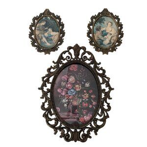 Vintage Italian Baroque Metal Oval Frames Set With one Convex Glass & Decorative